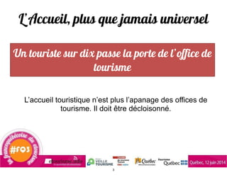 L’Accueil, plus que jamais universel
L’accueil touristique n’est plus l’apanage des offices de
tourisme. Il doit être décloisonné.
!
Un touriste sur dix passe la porte de l’office de
tourisme
3
 