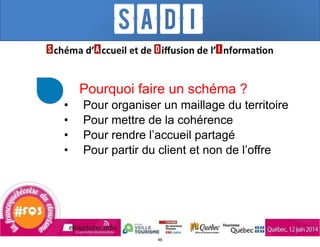• Pourquoi faire un schéma ?
• Pour organiser un maillage du territoire
• Pour mettre de la cohérence
• Pour rendre l’accueil partagé
• Pour partir du client et non de l’offre
46
 