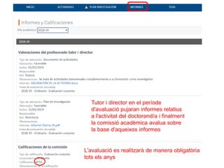 Tutor i director en el període
d'avaluació pujaran informes relatius
a l'activitat del doctorand/a i finalment
la comissió acadèmica avalua sobre
la base d'aqueixos informes
L'avaluació es realitzarà de manera obligatòria
tots els anys
 