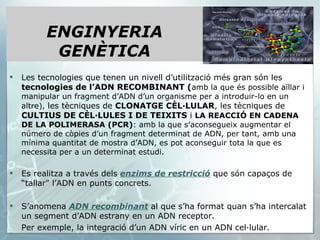Les tecnologies que tenen un nivell d’utilització més gran són les  tecnologies de l’ADN RECOMBINANT ( amb la que és possible aïllar i manipular un fragment d’ADN d’un organisme per a introduir-lo en un altre),  les tècniques de  CLONATGE CÈL·LULAR , les tècniques de  CULTIUS DE CÈL·LULES I DE TEIXITS  i  LA REACCIÓ EN CADENA DE LA POLIMERASA (PCR) : amb la que s’aconsegueix augmentar el número de còpies d’un fragment determinat de ADN, per tant, amb una mínima quantitat de mostra d’ADN, es pot aconseguir tota la que es necessita per a un determinat estudi. Es realitza a través dels   enzims de restricció  que són capaços de “tallar" l’ADN en punts concrets.  S’anomena  ADN recombinant  al que s’ha format quan s’ha intercalat un segment d’ADN estrany en un ADN receptor.  Per exemple, la integració d’un ADN víric en un ADN cel·lular.  ENGINYERIA GENÈTICA 