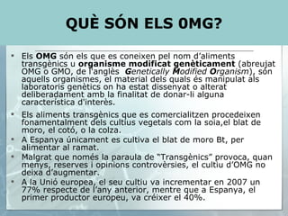 Els  OMG  són els que es coneixen pel nom d’aliments transgènics u  organisme modificat genèticament  (abreujat OMG o GMO, de l'anglès  G enetically  M odified  O rganism ), són aquells organismes, el material dels quals és manipulat als laboratoris genètics on ha estat dissenyat o alterat  deliberadament amb la finalitat de donar-li alguna característica d'interès. Els aliments transgènics que es comercialitzen procedeixen fonamentalment dels cultius vegetals com la soia,el blat de moro, el cotó, o la colza. A Espanya únicament es cultiva el blat de moro Bt, per alimentar al ramat. Malgrat que només la paraula de “Transgènics” provoca, quan menys, reserves i opinions controvèrsies, el cultiu d’OMG no deixa d’augmentar. A la Unió europea, el seu cultiu va incrementar en 2007 un 77% respecte de l’any anterior, mentre que a Espanya, el primer productor europeu, va créixer el 40%. QUÈ SÓN ELS 0MG? 