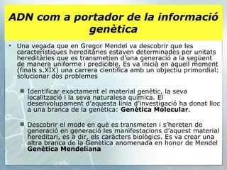 ADN com a portador de la informació genètica Una vegada que en Gregor Mendel va descobrir que les característiques hereditàries estaven determinades per unitats hereditàries que es transmetien d’una generació a la següent de manera uniforme i predicible. Es va inicià en aquell moment (finals s.XIX) una carrera científica amb un objectiu primordial: solucionar dos problemes Identificar exactament el material genètic, la seva localització i la seva naturalesa química. El desenvolupament d’aquesta línia d’investigació ha donat lloc a una branca de la genètica:  Genètica Molecular . Descobrir el mode en què es transmeten i s’hereten de generació en generació les manifestacions d’aquest material hereditari, es a dir, els caràcters biològics. Es va crear una altra branca de la Genètica anomenada en honor de Mendel  Genètica Mendeliana   