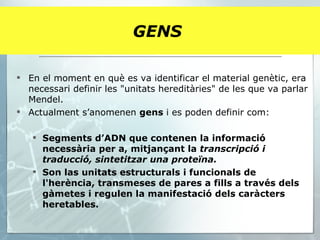 GENS   En el moment en què es va identificar el material genètic, era necessari definir les "unitats hereditàries" de les que va parlar Mendel. Actualment s’anomenen  gens  i es poden definir com: Segments d’ADN que contenen la informació necessària per a, mitjançant la  transcripció i traducció, sintetitzar una proteïna.  Son las unitats estructurals i funcionals de l'herència, transmeses de pares a fills a través dels gàmetes i regulen la manifestació dels caràcters heretables.   
