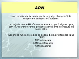 ARN Macromolècula formada per la unió de: ribonucleòtids mitjançant enllaços fosfodièster. La majoria dels ARN són monocatenaris, però alguns tipus, com l’ARN-transferència presenta zones amb estructura de doble hèlix. Segons la funció biològica es poden distingir diferents tipus d’ARN ARN missatger ARN transferència ARN ribosòmic 