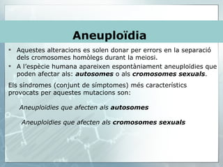 Aquestes alteracions es solen donar per errors en la separació dels cromosomes homòlegs durant la meiosi.  A l’espècie humana apareixen espontàniament aneuploïdies que poden afectar als:  autosomes  o als  cromosomes   sexuals .  Aneuploïdia  Els síndromes (conjunt de símptomes) més característics provocats per aquestes mutacions son: Aneuploïdies que afecten als  autosomes Aneuploïdies que afecten als  cromosomes sexuals   