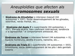 Aneuploïdies que afecten als  cromosomes sexuals Síndrome de Klinefelter  o intersexe masculí (44 autosomes + XXY). Escàs desenvolupament de les gònades, esterilitat, retràs mental, etc... Síndrome del duplo Y  o supermascle (44 autosomes + XYY). Elevada alçària, baix coeficient intel·lectual, tendència a la agressivitat i al comportament antisocial, etc. Síndrome de Turner  o intersexe femení (44 autosomes + X). Aspecte hombruno, atrofia d’ovaris, nanisme, etc...  Síndrome de Triple X  o superfemella (44 autosomes + XXX). Infantilisme, escàs desenvolupament de les pits i dels genitals externs  