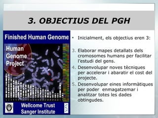 Inicialment, els objectius eren 3: Elaborar mapes detallats dels cromosomes humans per facilitar l’estudi del gens. Desenvolupar noves tècniques per accelerar i abaratir el cost del projecte. Desenvolupar eines informàtiques per poder  enmagatzemar i analitzar totes les dades obtingudes. 3. OBJECTIUS DEL PGH 