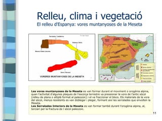 11
Relleu, clima i vegetació
El relleu d'Espanya: vores muntanyoses de la Meseta
Les vores muntanyoses de la Meseta es van...