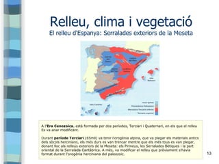 13
Relleu, clima i vegetació
El relleu d'Espanya: Serralades exteriors de la Meseta
A l'Era Cenozoica, està formada per do...