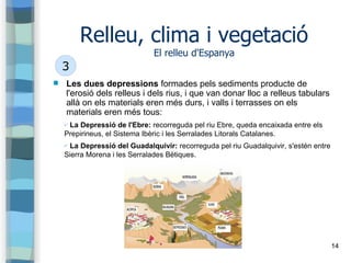 14
Relleu, clima i vegetació
El relleu d'Espanya
 Les dues depressions formades pels sediments producte de
l'erosió dels ...
