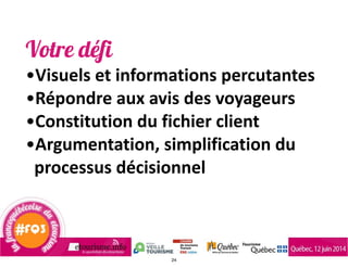 Votre défi
•Visuels	
  et	
  informations	
  percutantes	
  
•Répondre	
  aux	
  avis	
  des	
  voyageurs	
  
•Constitution	
  du	
  fichier	
  client	
  
•Argumentation,	
  simplification	
  du	
  
processus	
  décisionnel
24
 