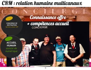 CONCIERGE DE
DESTINATION
Service client VIP
ACCUEIL
HUMAIN	
  
assisté de
numérique
Connaissance offre 	
  
+ compétences accueil
CRM : relation humaine multicanaux
46
 