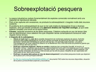 Sobreexplotació pesquera La pesca industrial es nodreix fonamentalment de espècies comercials normalment amb una capacitat de reproducció elevada.  Però si les captures són excessives, es produeix la sobreexplotació i s’esgoten molts dels recursos existents El problema de la sobreexplotació és que no tan sols implica la desaparició d'una o diverses espècies, sinó que també constitueix una  alteració dràstica de l'equilibri ecològic , ja que cada espècie compleix una funció en la xarxa tròfica. Causes:  capacitat excessiva de les flotes pesqueres, Caladors exhaurits en poc de temps (des que es descobreixen nous caladors fins que s'exploten sense contemplacions transcorre cada vegada menys temps),  L'impacte de la sobrepesca:  Afecta el medi marí ( a ,més de  la possible desaparició de nombroses espècies de peixos, l'activitat pesquera  amb males pràctiques  és una de les causes principals de destrucció del medi marí (pesos, plomades i xarxes que s'arrosseguen pel fons del mar etc). Un exemple molt il·lustratiu: una xarxa d'arrossegament de mida mitjana pot destruir en el Mediterrani fins a 363.000 brots de posidònia (planta que creix en el fons del mar) per hora.  Perill per a diverses espècies: afecta no només  a espècies ben conegudes (bacallà, la tonyina, el llenguado i el lluç)  i espècies que es pesquen intencionadament sinó que hi ha espècies que no són objecte de pesca, com ara peixos de petit tamany, mamífers marins, aus marines, tortugues o altres espècies, que poden resultar atrapades de forma no intencionada per les arts de pesca. Després de ser capturades són retornades al mar, però sovint mortes.  Perill per a la pesca dels països en vies de desenvolupament i  comunitats pesqueres locals que depenen de la pesca com a font principal d'aliment  ftp :// ftp.fao.org / docrep / fao /009/a0699e/a0699e.pdf   documento FAO sobre los recursos disponibles, situación de la pesca y productividad (capturas y acuicultura) 