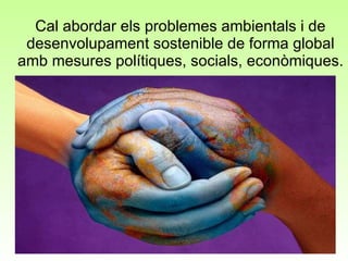 Cal abordar els problemes ambientals i de desenvolupament sostenible de forma global amb mesures polítiques, socials, econòmiques. 