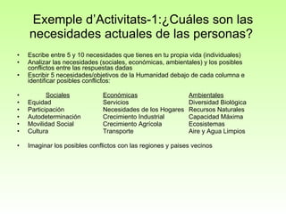 Exemple d’Activitats-1:¿Cuáles son las necesidades actuales de las personas?  Escribe entre 5 y 10 necesidades que tienes en tu propia vida (individuales) Analizar las necesidades (sociales, económicas, ambientales) y los posibles conflictos entre las respuestas dadas Escribir 5 necesidades/objetivos de la Humanidad debajo de cada columna e identificar posibles conflictos: Sociales Económicas Ambientales Equidad  Servicios  Diversidad Biológica Participación Necesidades de los Hogares  Recursos Naturales Autodeterminación  Crecimiento Industrial  Capacidad Máxima Movilidad Social  Crecimiento Agrícola  Ecosistemas Cultura  Transporte  Aire y Agua Limpios Imaginar los posibles conflictos con las regiones y paises vecinos 