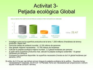 Activitat 3-  Petjada ecològica Global Investigar quina es la superfície productiva de la terra: 1.200 millions d’hectàrees de terreny productiu i espai marí Cerca les dades de població mundial : 6.100 milions de persones  Has globals mitjanes necessàries : 13.700 milions de hectàrees  Calcular la petjada ecològica mitjana mundial : 2.2 global hectàrees per persona A partir del la superfície productiva real, calcular la petjada ecològica sostenible: 1.8 global hectàrees por persona  Comparar la superfície disponible i la superfície necessària (l’excés es de 0.4 global hectàrees per persona, 23%) Si enlloc de 2,2 ha per cap tothom al mon tingues la petjada ecològica de la gràfica... Quantes terres necessitaríem? (resposta: 23,47/1,8= 13 Planetes Terra son necessàries per proporcionar a tothom aquest nivell de consum i serveis) 