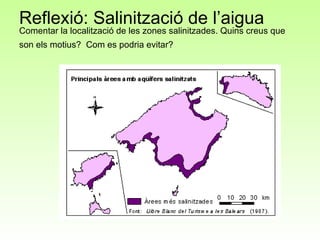 Reflexió: Salinització de l’aigua Comentar la localització de les zones salinitzades. Quins creus que son els motius?   Com es podria evitar? 