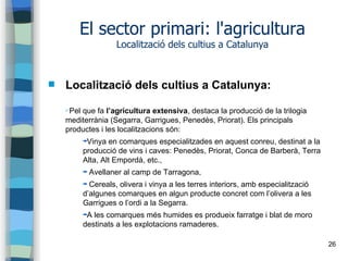 26
El sector primari: l'agricultura
Localització dels cultius a Catalunya
 Localització dels cultius a Catalunya:
✔Pel qu...