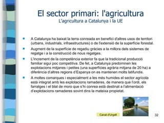 32
El sector primari: l'agricultura
L'agricultura a Catalunya i la UE
 A Catalunya ha baixat la terra conreada en benefic...