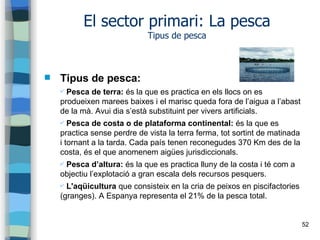 52
El sector primari: La pesca
Tipus de pesca
 Tipus de pesca:
✔ Pesca de terra: és la que es practica en els llocs on es...