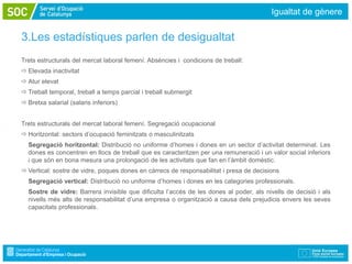 Igualtat de gènere

3.Les estadístiques parlen de desigualtat
Trets estructurals del mercat laboral femení. Absències i condicions de treball:
 Elevada inactivitat
 Atur elevat
 Treball temporal, treball a temps parcial i treball submergit
 Bretxa salarial (salaris inferiors)


Trets estructurals del mercat laboral femení. Segregació ocupacional
 Horitzontal: sectors d’ocupació feminitzats o masculinitzats
  Segregació horitzontal: Distribució no uniforme d’homes i dones en un sector d’activitat determinat. Les
  dones es concentren en llocs de treball que es caracteritzen per una remuneració i un valor social inferiors
  i que són en bona mesura una prolongació de les activitats que fan en l’àmbit domèstic.
 Vertical: sostre de vidre, poques dones en càrrecs de responsabilitat i presa de decisions
  Segregació vertical: Distribució no uniforme d’homes i dones en les categories professionals.
  Sostre de vidre: Barrera invisible que dificulta l’accés de les dones al poder, als nivells de decisió i als
  nivells més alts de responsabilitat d’una empresa o organització a causa dels prejudicis envers les seves
  capacitats professionals.
 