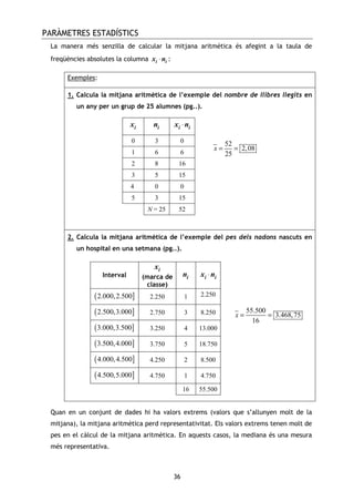 PARÀMETRES ESTADÍSTICS
36
La manera més senzilla de calcular la mitjana aritmètica és afegint a la taula de
freqüències absolutes la columna ⋅i ix n :
Exemples:
1. Calcula la mitjana aritmètica de l’exemple del nombre de llibres llegits en
un any per un grup de 25 alumnes (pg..).
ix in ⋅i ix n
0 3 0
1 6 6
2 8 16
3 5 15
4 0 0
5 3 15
N = 25 52
2. Calcula la mitjana aritmètica de l’exemple del pes dels nadons nascuts en
un hospital en una setmana (pg..).
Interval
ix
(marca de
classe)
in ⋅i ix n
( ]2.000,2.500 2.250 1 2.250
( ]2.500,3.000 2.750 3 8.250
( ]3.000,3.500 3.250 4 13.000
( ]3.500,4.000 3.750 5 18.750
( ]4.000,4.500 4.250 2 8.500
( ]4.500,5.000 4.750 1 4.750
16 55.500
Quan en un conjunt de dades hi ha valors extrems (valors que s’allunyen molt de la
mitjana), la mitjana aritmètica perd representativitat. Els valors extrems tenen molt de
pes en el càlcul de la mitjana aritmètica. En aquests casos, la mediana és una mesura
més representativa.
52
2,08
25
x = =
55.500
3.468,75
16
x = =
 
