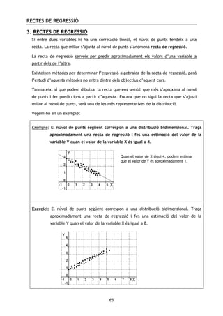 RECTES DE REGRESSIÓ
65
3. RECTES DE REGRESSIÓ
Si entre dues variables hi ha una correlació lineal, el núvol de punts tendeix a una
recta. La recta que millor s’ajusta al núvol de punts s’anomena recta de regressió.
La recta de regressió serveix per predir aproximadament els valors d’una variable a
partir dels de l’altra.
Existeixen mètodes per determinar l’expressió algebraica de la recta de regressió, però
l’estudi d’aquests mètodes no entra dintre dels objectius d’aquest curs.
Tanmateix, sí que podem dibuixar la recta que ens sembli que més s’aproxima al núvol
de punts i fer prediccions a partir d’aquesta. Encara que no sigui la recta que s’ajusti
millor al núvol de punts, serà una de les més representatives de la distribució.
Vegem-ho en un exemple:
Exemple: El núvol de punts següent correspon a una distribució bidimensional. Traça
aproximadament una recta de regressió i fes una estimació del valor de la
variable Y quan el valor de la variable X és igual a 4.
Exercici: El núvol de punts següent correspon a una distribució bidimensional. Traça
aproximadament una recta de regressió i fes una estimació del valor de la
variable Y quan el valor de la variable X és igual a 8.
Quan el valor de X sigui 4, podem estimar
que el valor de Y és aproximadament 1.
 