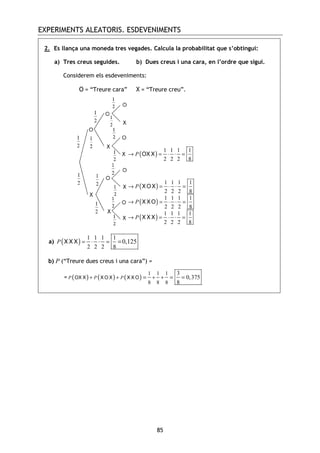 EXPERIMENTS ALEATORIS. ESDEVENIMENTS
85
2. Es llança una moneda tres vegades. Calcula la probabilitat que s’obtingui:
a) Tres creus seguides. b) Dues creus i una cara, en l’ordre que sigui.
Considerem els esdeveniments:
O = “Treure cara” X = “Treure creu”.
a) ( )
1 1 1 1
2 2 2 8
0,125P = ⋅ =⋅ =X X X
b) P (“Treure dues creus i una cara”) =
= ( ) ( ) ( )
1 1 1
8 8 8
3
0,375
8
P P P+ + + += = =OX X X O X X X O
( )
1 1 1 1
2 2 2 8
P→ = ⋅ =⋅X X X
( )
1 1 1 1
2 2 2 8
P→ = ⋅ =⋅X XO
( )
1 1 1 1
2 2 2 8
P→ = ⋅ =⋅XOX
( )
1 1 1 1
2 2 2 8
P→ = ⋅ =⋅OX X
 