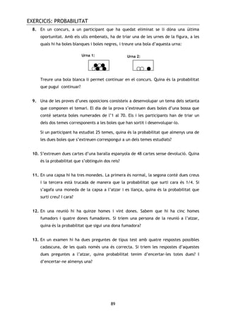 EXERCICIS: PROBABILITAT
89
8. En un concurs, a un participant que ha quedat eliminat se li dóna una última
oportunitat. Amb els ulls embenats, ha de triar una de les urnes de la figura, a les
quals hi ha boles blanques i boles negres, i treure una bola d’aquesta urna:
Treure una bola blanca li permet continuar en el concurs. Quina és la probabilitat
que pugui continuar?
9. Una de les proves d’unes oposicions consisteix a desenvolupar un tema dels setanta
que componen el temari. El dia de la prova s’extreuen dues boles d’una bossa que
conté setanta boles numerades de l’1 al 70. Els i les participants han de triar un
dels dos temes corresponents a les boles que han sortit i desenvolupar-lo.
Si un participant ha estudiat 25 temes, quina és la probabilitat que almenys una de
les dues boles que s’extreuen correspongui a un dels temes estudiats?
10. S’extreuen dues cartes d’una baralla espanyola de 48 cartes sense devolució. Quina
és la probabilitat que s’obtinguin dos reis?
11. En una capsa hi ha tres monedes. La primera és normal, la segona conté dues creus
i la tercera està trucada de manera que la probabilitat que surti cara és 1/4. Si
s’agafa una moneda de la capsa a l’atzar i es llança, quina és la probabilitat que
surti creu? I cara?
12. En una reunió hi ha quinze homes i vint dones. Sabem que hi ha cinc homes
fumadors i quatre dones fumadores. Si triem una persona de la reunió a l’atzar,
quina és la probabilitat que sigui una dona fumadora?
13. En un examen hi ha dues preguntes de tipus test amb quatre respostes possibles
cadascuna, de les quals només una és correcta. Si triem les respostes d’aquestes
dues preguntes a l’atzar, quina probabilitat tenim d’encertar-les totes dues? I
d’encertar-ne almenys una?
Urna 2:Urna 1:
 