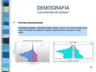 101
DEMOGRAFIA
Les piràmides de població
 Piràmide desequilibrada.
Piràmide de Qatar i Emirats Àrabs Units: mostren una important deformació,
degut a l'arribada de població immigrada majoritàriament masculina i d'edat
adulta.
 