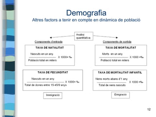 12
Demografia
Altres factors a tenir en compte en dinàmica de població
 