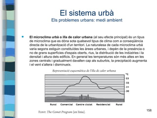 158
El sistema urbà
Els problemes urbans: medi ambient
 El microclima urbà o illa de calor urbana (el seu efecte principal) és un tipus
de microclima que es dóna sota qualsevol tipus de clima com a conseqüència
directa de la urbanització d'un territori. La naturalesa de cada microclima urbà
varia segons estiguin constituïdes les àrees urbanes, i depèn de la presència o
no de grans superfícies d'espais oberts, rius, la distribució de les indústries i la
densitat i altura dels edificis. En general les temperatures són més altes en les
zones centrals i gradualment davallen cap als suburbis, la precipitació augmenta
i el vent s'altera i disminueix.
 