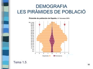 98
DEMOGRAFIA
LES PIRÀMIDES DE POBLACIÓ
Tema 1.5
 