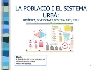 1
LA POBLACIÓ I EL SISTEMA
URBÀ:
DINÀMICA, DIVERSITAT I DESIGUALTAT / 2021
Bloc 3:
Anàlisi de la distribució, estructura i
dinàmica de la població.
Anàlisi del fet urbà.
 