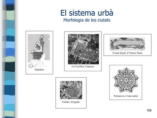 106
El sistema urbà
Morfologia de les ciutats
Hipòdam
La Carolina, Espanya
ﾺ Ciutat lineal, d’Arturo Soria
Palmanova, Ciutat radial
Toledo, Irregular.
 