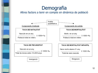 12
Demografia
Altres factors a tenir en compte en dinàmica de població
 