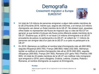 58
Demografia
Creixement migratori a Europa
EUROSTAT
 Un total de 3,9 milions de persones emigraren a algun dels estats membres de
la UE-27durante 2018, mentre que, segons els informes, a el menys 2,6 milions
d'emigrants van deixar un Estat membre de la UE-27. No obstant això, aquestes
xifres totals no representen els fluxos de migració cap a o des de l'EU-27 en
general, ja que també s'inclouen els fluxos entre diferents estats membres de la
UE-27. S'estima que, el 2018, hi va haver 2,4 milions d'immigrants a la UE-27
procedents de països no pertanyents a la UE-27 i al voltant de 1,1 milions de
persones van emigrar des d'un país de la UE-27 a un país no pertanyent a la
UE-27
 En 2018, Alemanya va notificar el nombre total d'immigrants més alt (893 900),
seguida d'Espanya (643.700), França (386.900) i Itàlia (332.300). Alemanya
també va notificar el nombre d'emigrants més alt en 2018 (540 400), seguida
d'Espanya (309.500), França (341.400), Romania (231 gens 700) i Polònia (189
800). Un total de 22 estats membres de la UE-27 van notificar més immigració
que emigració a 2018, però a Bulgària, Croàcia, Letònia, Lituània, Polònia i
Romania, el nombre d'emigrants va superar al d'immigrants.
 