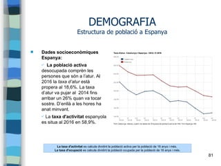 81
DEMOGRAFIA
Estructura de població a Espanya
 Dades socioeconòmiques
Espanya:
✔ La població activa
desocupada comprèn les
persones que són a l’atur. Al
2016 la taxa d’atur està
propera al 18,6%. La taxa
d’atur va pujar al 2014 fins
arribar un 26% quan va tocar
sostre. D’enllà a les hores ha
anat minvant.
✔ La taxa d'activitat espanyola
es situa al 2016 en 58,9%.
La taxa d'activitat es calcula dividint la població activa per la població de 16 anys i més.
La taxa d'ocupació es calcula dividint la població ocupada per la població de 16 anys i més.
 