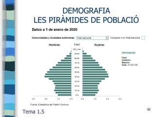 92
DEMOGRAFIA
LES PIRÀMIDES DE POBLACIÓ
Tema 1.5
 