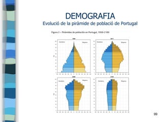 99
DEMOGRAFIA
Evolució de la piràmide de població de Portugal
 