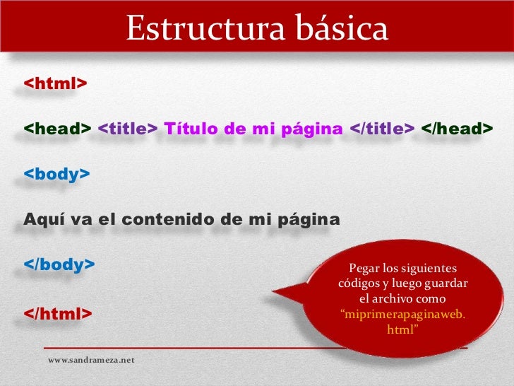 Estructura básica<html><head> <title> Título de mi página </title> </head><body>Aquí va el contenido de mi página</body> ...