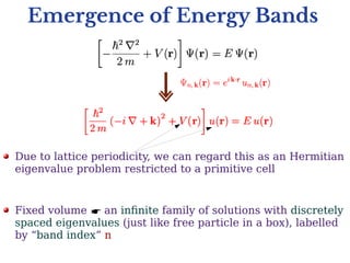 Emergence of Energy Bands
Due to lattice periodicity, we can regard this as an Hermitian
eigenvalue problem restricted to a primitive cell
Fixed volume ☛ an infinite family of solutions with discretely
spaced eigenvalues (just like free particle in a box), labelled
by “band index” n
 
