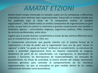AMATAT ETZIONI
 Amitai Etzioni estaba interesado en estudiar cuales son las semejanzas y diferencias
  sistemáticas entre distintos tipos organizacionales. Desarrolló un trabajo notable que
  fue publicado bajo el título de “A comparative análisis of complex
  organizations”, 1961 donde realiza un análisis comparativo de organizaciones en gran
  escala, ya que tiene en cuenta no solamente a grandes corporaciones sino también a
  Sindicatos, Iglesias – comunidades religiosas, organismos públicos, ONG, empresas
  de servicios profesionales, entre otros.
 Sugiere que se puede alcanzar cumplimiento a través de dos caminos diferentes pero
  que se complementan entre sí. Ellos son:
 El componente estructural, que guarda relación con el sistema formal de la
  organización y el tipo de poder que la organización hace uso de, para “poner en
  vigencia” o darle “un grado de fuerza” (enforce) al cumplimiento. La estructura de
  poder y autoridad organizacional tiene un impacto importante en asegurar
  obediencia de parte de los subordinados. Los organigramas, la descripción de
  puestos y funciones, las descripciones de responsabilidades, los manuales de
  procedimiento, las líneas de autoridad, la misma división del trabajo representan
  esfuerzos genuinos para controlar el comportamiento de los miembros
  organizacionales, los que se encuadran en gran medida dentro de los medios
  comúnmente llamados como burocráticos.
 