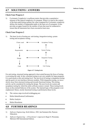 69
Software Testing
4.7 SOLUTIONS / ANSWERS
Check Your Progress 1
1) Cyclomatic Complexity is asoftware metric that provides a quantitative
measure of the logical complexity of a program. When it is used in the context
of the basis path testing method, the value computed for Cyclomatic complexity
defines the number of independent paths in the basis set of a program. It also
provides an upper bound for the number of tests that must be conducted to
ensure that all statements have been executed at least once.
Check Your Progress 2
1) The basic levels of testing are: unit testing, integration testing, system
testing and acceptance testing.
Code
Design
Requirements
Clients need
Unit Testing
Integration Testing
System Testing
Acceptance Testing
Figure 4.7: Testing levels
For unit testing, structural testing approach is best suited because the focus of testing
is on testing the code. In fact, structural testing is not very suitable for large programs.
It is used mostly at the unit testing level. The next level of testing is integration testing
and the goal is to test interfaces between modules. With integration testing, we move
slowly away from structural testing and towards functional testing. This testing
activity can be considered for testing the design. The next levels are system and
acceptance testing by which the entire software system is tested. These testing levels
focus on the external behavior of the system. The internal logic of the program is not
emphasized. Hence, mostly functional testing is performed at these levels.
2) The various steps involved in debugging are:
• Defect Identification/Confirmation
• Defect Analysis
• Defect Resolution
4.8 FURTHER READINGS
1) Software Engineering, Sixth Edition, 2001, Ian Sommerville; Pearson
Education.
2) Software Engineering – A Practitioner’s Approach, Roger S. Pressman;
McGraw-Hill International Edition.
 