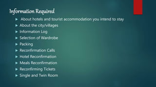 Information Required
 About hotels and tourist accommodation you intend to stay
 About the city/villages
 Information Log
 Selection of Wardrobe
 Packing
 Reconfirmation Calls
 Hotel Reconfirmation
 Meals Reconfirmation
 Reconfirming Tickets
 Single and Twin Room
 