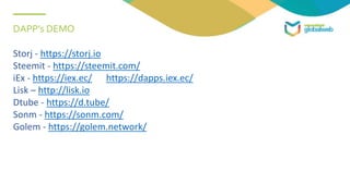 DAPP’s DEMO
Storj - https://storj.io
Steemit - https://steemit.com/
iEx - https://iex.ec/ https://dapps.iex.ec/
Lisk – http://lisk.io
Dtube - https://d.tube/
Sonm - https://sonm.com/
Golem - https://golem.network/
 