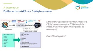 A internet 3.0
Edward Snowden contou ao mundo sobre o
PRISM (programa que a NSA usa coletar
dados privados de grandes empresas de
tecnologia)
Poder! Muito poder!
Problemas com a WEB 2.0 – Prestação de contas
 
