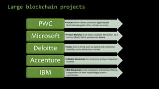 Large blockchain projects
•Vulcan allows clients to launch digital assets
thattrade alongside other virtual currenciesPWC
•Project Bletchey is an open, modular Blockchain as-a-
Service (BaaS) fabric powered by AzureMicrosoft
•Rubix aims to bring start-up speed and enterprise
reliability to the blockchain marketDeloitte
•Editable blockchain for enterprise and permissioned
systemsAccenture
•IBM Blockchain is the company’s enterprise offering,
independent of their Hyperledger project
contribution
IBM
 