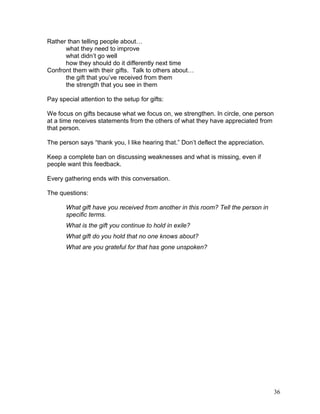 Summary of Questions

Whatever the venue, accountable community is created when we ask certain
questions. Here is a summar...