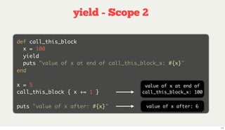 yield - Scope 2

def call_this_block
  x = 100
  yield
  puts "value of x at end of call_this_block_x: #{x}"
end

x = 5                                   value of x at end of
call_this_block { x += 1 }             call_this_block_x: 100


puts "value of x after: #{x}"           value of x after: 6



                                                                11
 